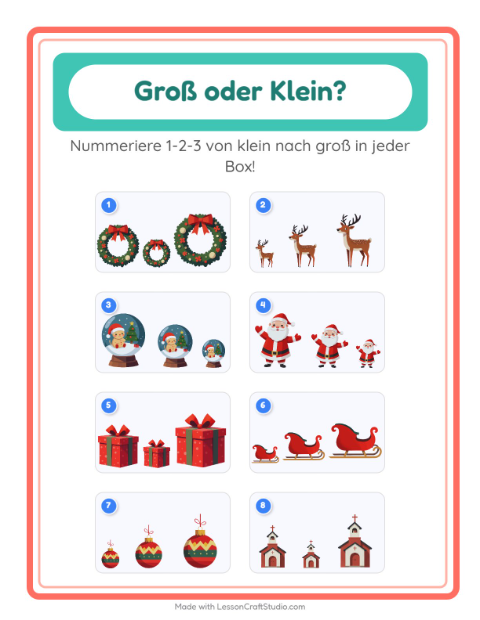 Vorschau: Groß oder klein-Arbeitsblatt mit Weihnachten für Vorschule