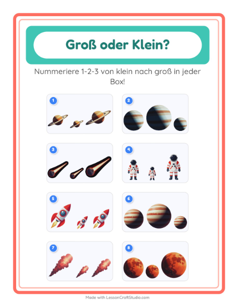 Vorschau: Groß oder klein-Arbeitsblatt mit Weltraum für Vorschule