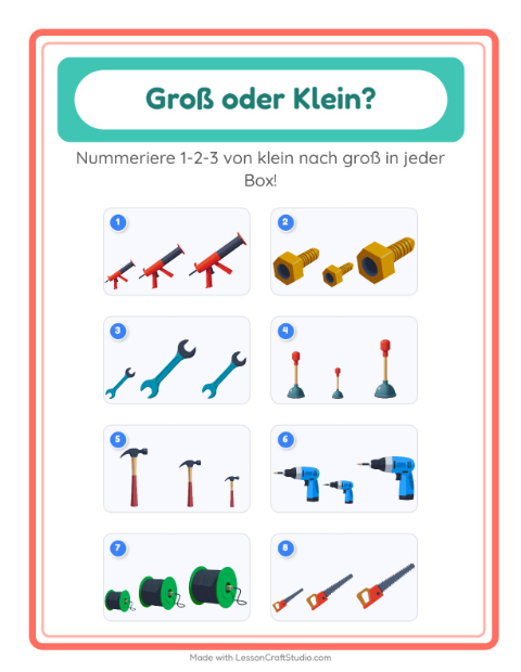 Vorschau: Groß oder klein-Arbeitsblatt mit Werkzeuge für Vorschule
