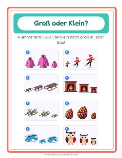 Vorschau: Groß oder klein-Arbeitsblatt mit Winter für Vorschule