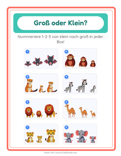 Vorschau: Groß oder klein-Arbeitsblatt mit Zootiere für Vorschule