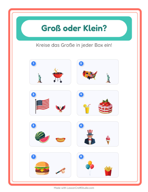 Vorschau: Groß oder klein-Arbeitsblatt mit 4. Juli für Vorschule
