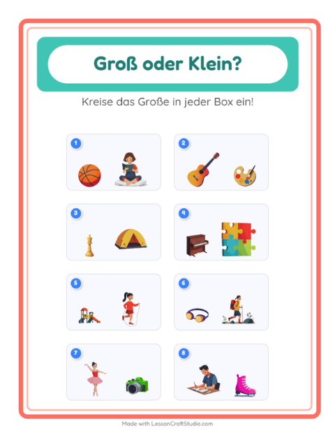 Vorschau: Groß oder klein-Arbeitsblatt mit Aktivitäten für Vorschule