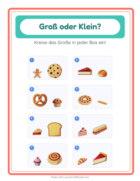 Vorschau: Groß oder klein-Arbeitsblatt mit Bäckerei für Vorschule