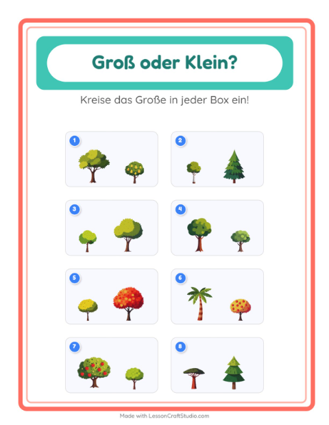 Vorschau: Groß oder klein-Arbeitsblatt mit Bäume für Vorschule