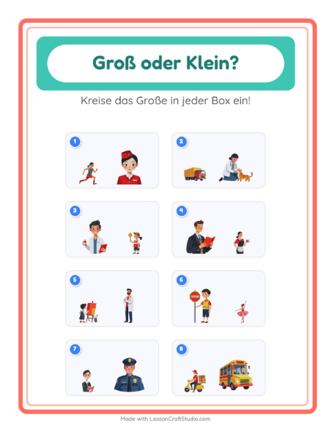 Vorschau: Groß oder klein-Arbeitsblatt mit Berufe für Vorschule