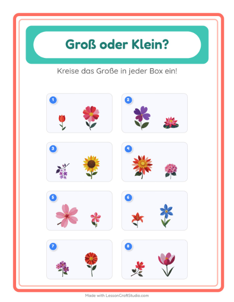 Vorschau: Groß oder klein-Arbeitsblatt mit Blumen für Vorschule
