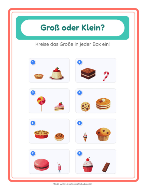 Vorschau: Groß oder klein-Arbeitsblatt mit Desserts und Süßigkeiten für Vorschule