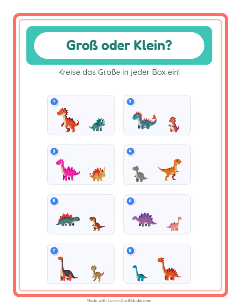 Vorschau: Groß oder klein-Arbeitsblatt mit Dinosaurier für Vorschule