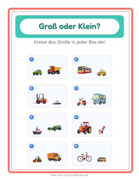 Vorschau: Groß oder klein-Arbeitsblatt mit Fahrzeuge für Vorschule