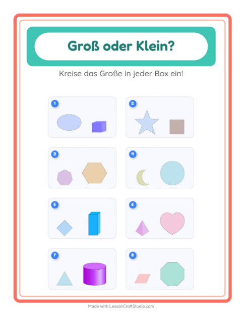 Vorschau: Groß oder klein-Arbeitsblatt mit Formen für Vorschule