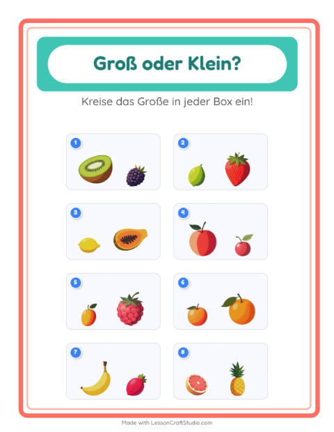 Vorschau: Groß oder klein? Das Größte finden mit Äpfeln, Bananen und Birnen – Arbeitsblatt für die Vorschule