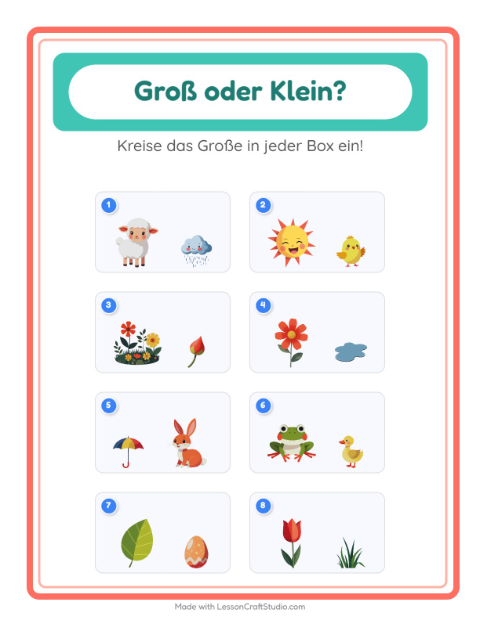 Vorschau: Groß oder klein-Arbeitsblatt mit Frühling für Vorschule