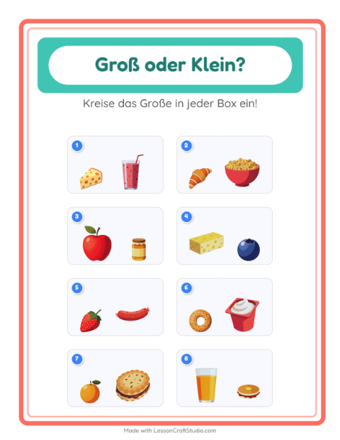Vorschau: Groß oder klein-Arbeitsblatt mit Frühstück für Vorschule