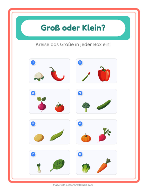 Vorschau: Groß oder klein-Arbeitsblatt mit Gemüse für Vorschule