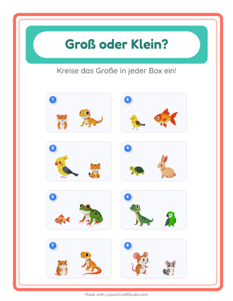 Vorschau: Groß oder klein-Arbeitsblatt mit Haustiere für Vorschule