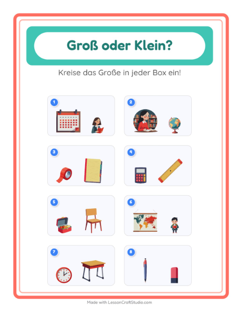 Vorschau: Groß oder klein-Arbeitsblatt mit Klassenzimmer für Vorschule