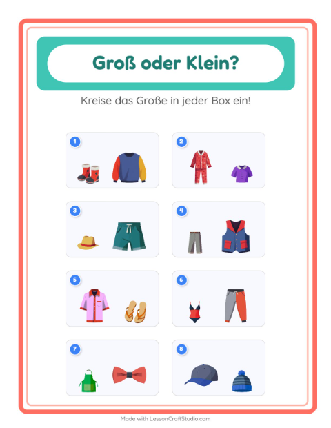 Vorschau: Groß oder klein-Arbeitsblatt mit Kleidung für Vorschule