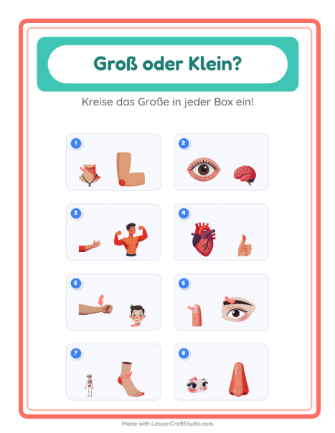 Vorschau: Groß oder klein-Arbeitsblatt mit Körperteile für Vorschule