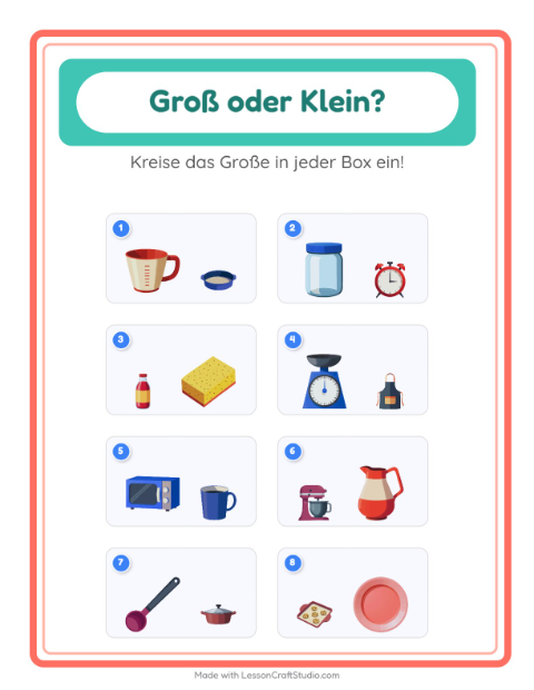 Vorschau: Groß oder klein-Arbeitsblatt mit Küchenwerkzeuge für Vorschule