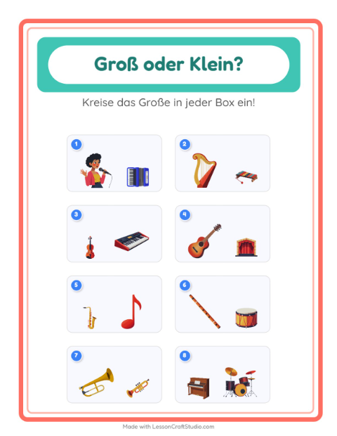 Vorschau: Groß oder klein-Arbeitsblatt mit Musik für Vorschule