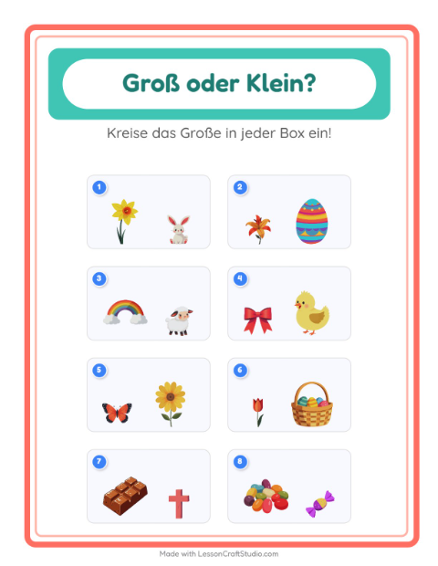 Vorschau: Groß oder klein-Arbeitsblatt mit Ostern für Vorschule