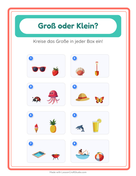 Vorschau: Groß oder klein-Arbeitsblatt mit Sommer für Vorschule