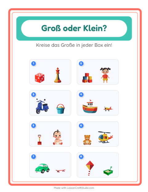 Vorschau: Groß oder klein? Das Größte finden mit Bällen, Puppen und Robotern – Arbeitsblatt für die Vorschule