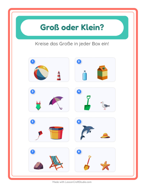 Vorschau: Groß oder klein-Arbeitsblatt mit Strand für Vorschule