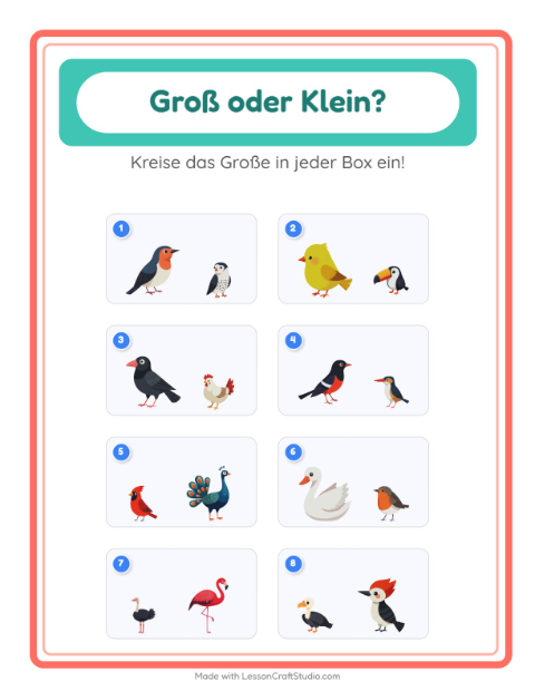 Vorschau: Groß oder klein-Arbeitsblatt mit Vögel 2 für Vorschule