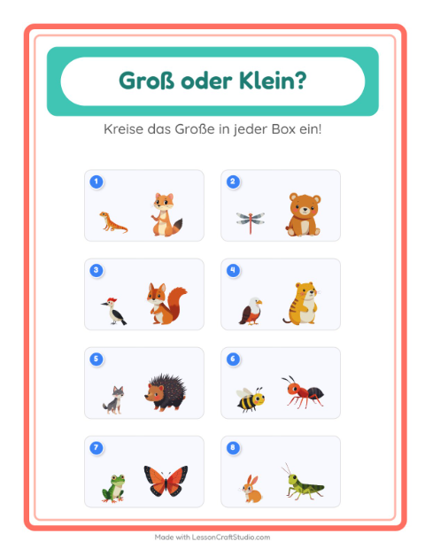 Vorschau: Groß oder klein-Arbeitsblatt mit Waldtiere für Vorschule