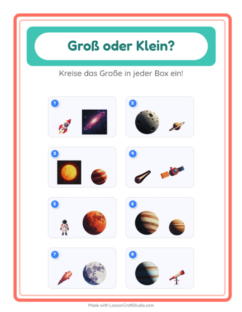Vorschau: Groß oder klein-Arbeitsblatt mit Weltraum für Vorschule