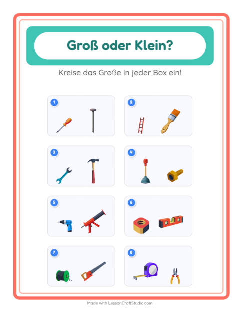 Vorschau: Groß oder klein-Arbeitsblatt mit Werkzeuge für Vorschule