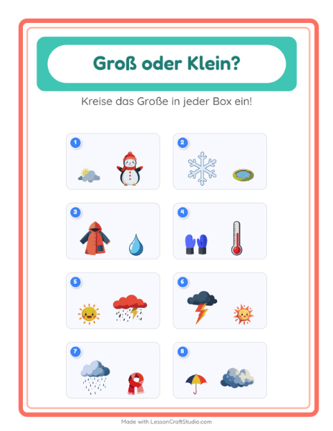 Vorschau: Groß oder klein-Arbeitsblatt mit Wetter für Vorschule