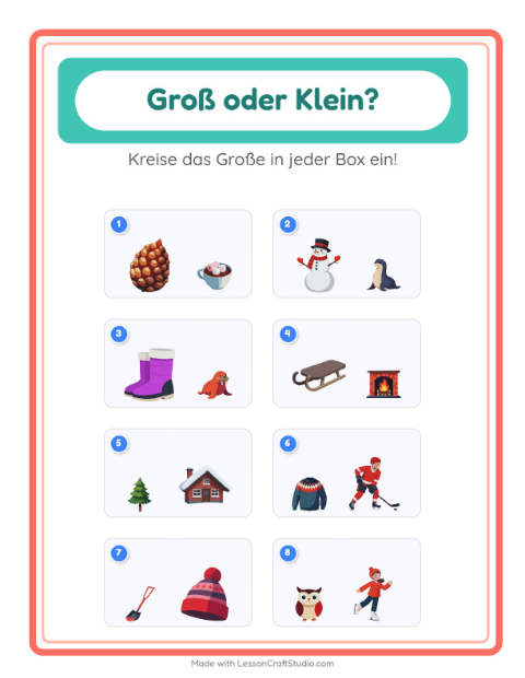 Vorschau: Groß oder klein-Arbeitsblatt mit Winter für Vorschule