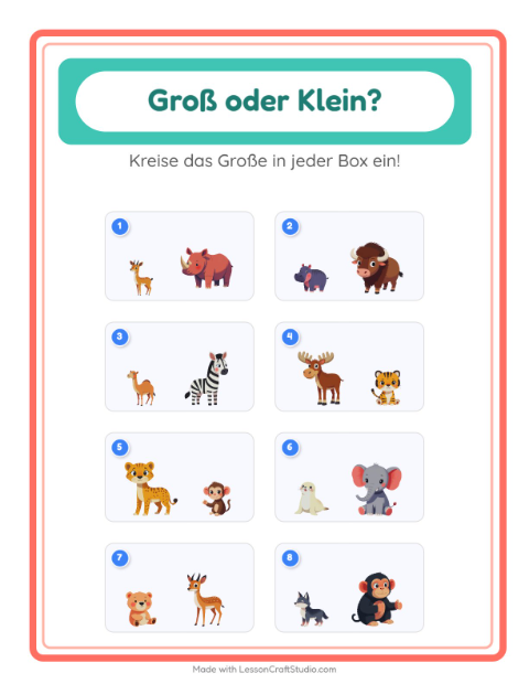 Vorschau: Groß oder klein-Arbeitsblatt mit Zootiere für Vorschule
