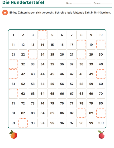 Vorschau: Hundertertafel-Arbeitsblatt mit Früchte für 1. Klasse