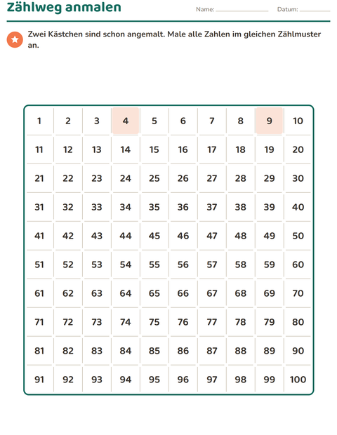 Vorschau: Hundertertafel-Arbeitsblatt für 1. Klasse
