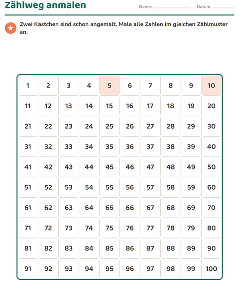 Vorschau: Hundertertafel-Arbeitsblatt für 1. Klasse