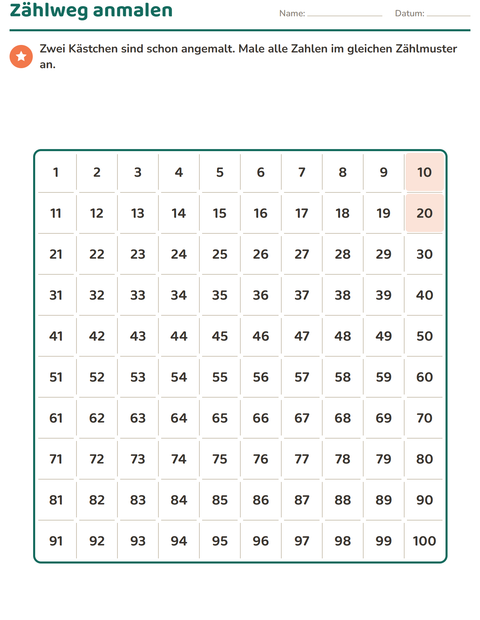 Vorschau: Hundertertafel-Arbeitsblatt für 1. Klasse