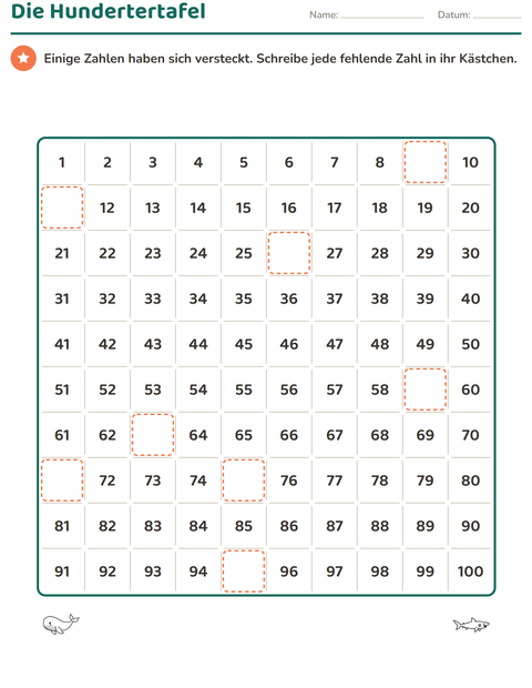 Vorschau: Hundertertafel-Arbeitsblatt mit Meeresleben SW für 1. Klasse