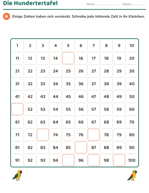 Vorschau: Hundertertafel-Arbeitsblatt mit Vögel 2 für 1. Klasse