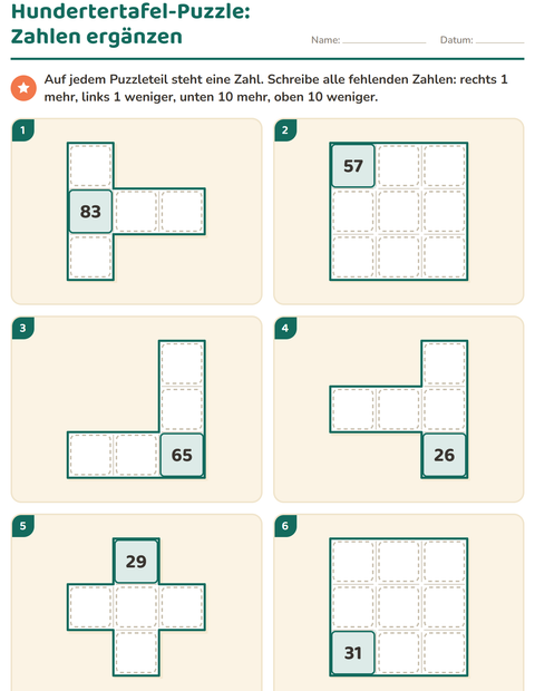 Vorschau: Hundertertafel-Puzzle-Arbeitsblatt für 1. Klasse