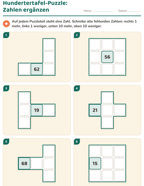 Vorschau: Hundertertafel-Puzzle-Arbeitsblatt für 1. Klasse