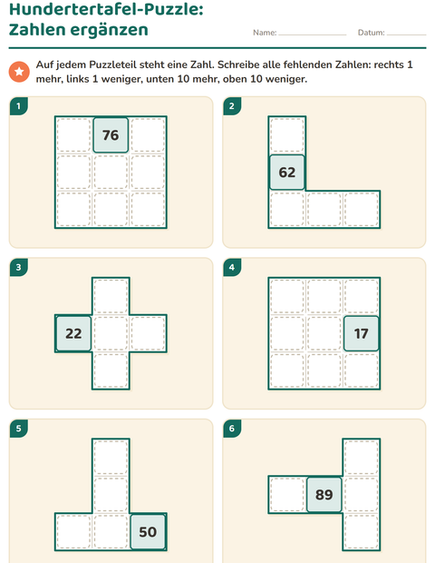 Hundertertafel-Puzzle – fehlende Zahlen auf Puzzleteilen ergänzen