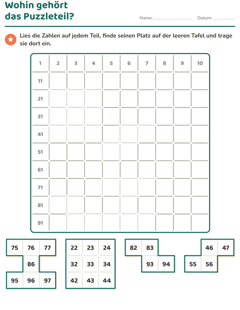 Vorschau: Hundertertafel-Puzzle-Arbeitsblatt für 1. Klasse
