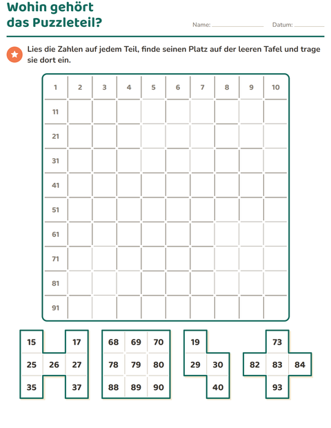 Vorschau: Hundertertafel-Puzzle-Arbeitsblatt für 1. Klasse