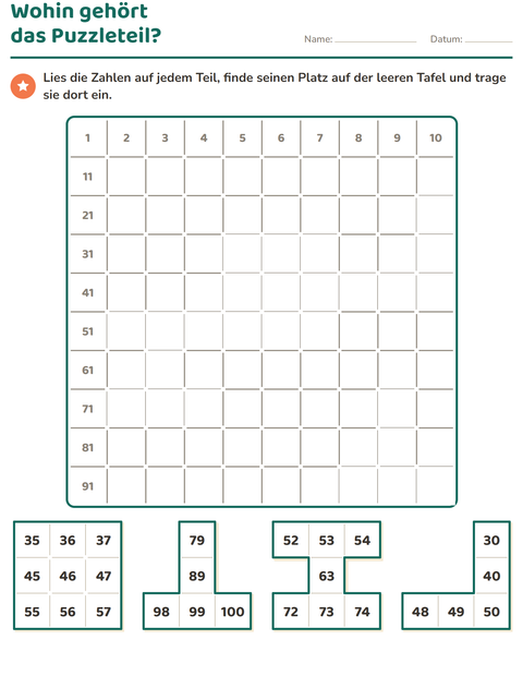 Vorschau: Hundertertafel-Puzzle-Arbeitsblatt für 1. Klasse