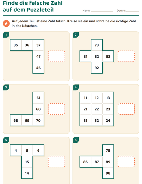 Vorschau: Hundertertafel-Puzzle-Arbeitsblatt für 1. Klasse