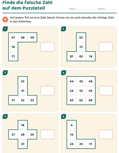 Vorschau: Hundertertafel-Puzzle-Arbeitsblatt für 1. Klasse